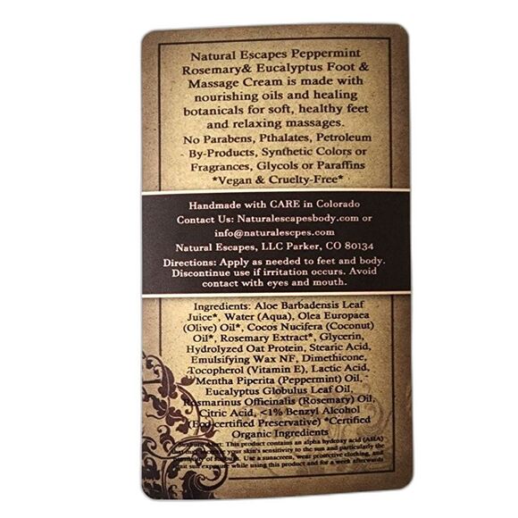 Natural Escapes Body Peppermint, Rosemary & Eucalyptus Massage & Foot Cream 8 oz - Picture 4 of 4